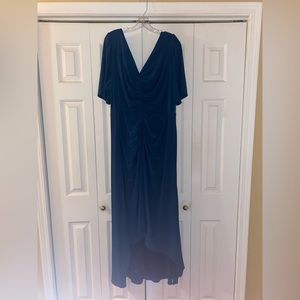 Adrianna Pappell ruched high low dress. Dark teal blue